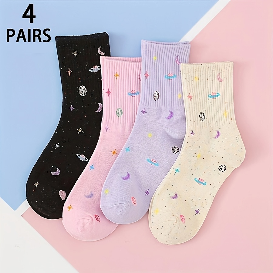 Image of 4 Pairs Random Delivery Women's Mid-calf Socks, Colorful Star Asteroid Jacquard Pattern, Light Tone Sweet Stylish Versatile Comfortable Trendy Sports Socks, Ideal For Daily Wear