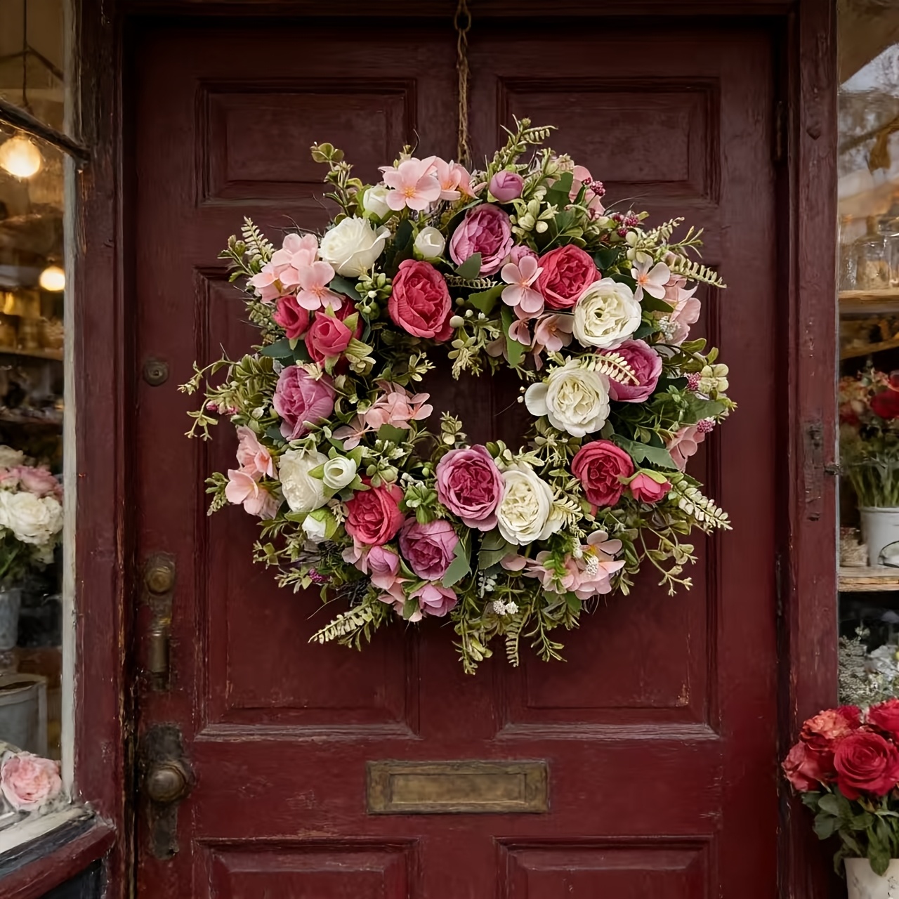 valentines day front door wreath 18 inch pink and white peony rose wreath with eucalyptus leaves artificial spring and summer flower wreath for indoor outdoor decoration country vintage style wreath for home decor