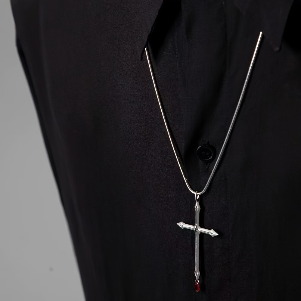 Cross Red Zirconia Necklace, Snake Bone Chain