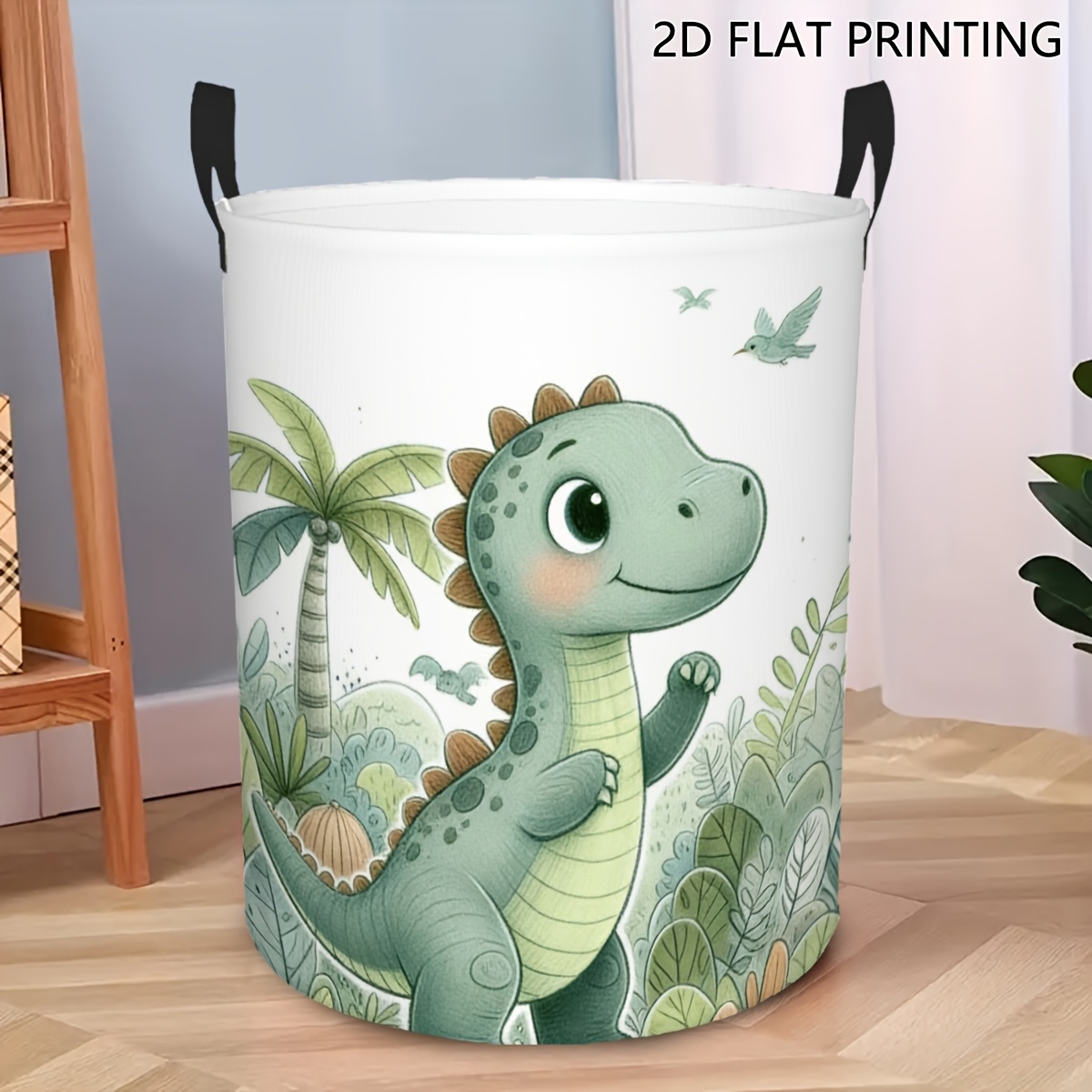 E-shop Runder Wäschekorb, Niedliches Cartoon-Dinosaurier-Muster, Zusammenklappbarer Wäschekorb für einfache Lagerung, Geräumiger Wäschekorb,