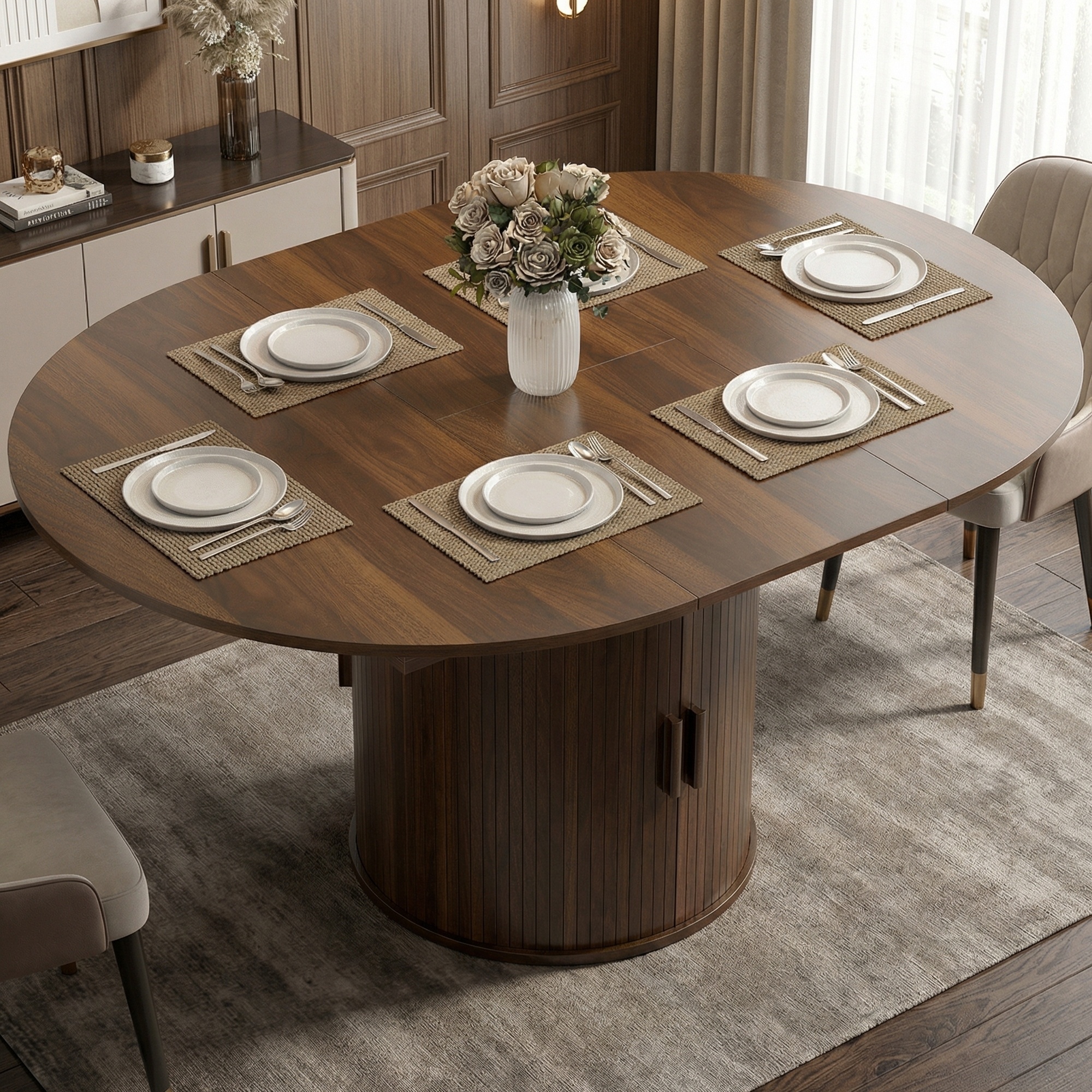 Extendable Dining Table, 60' Oval Kitchen Table for 6, Walnut