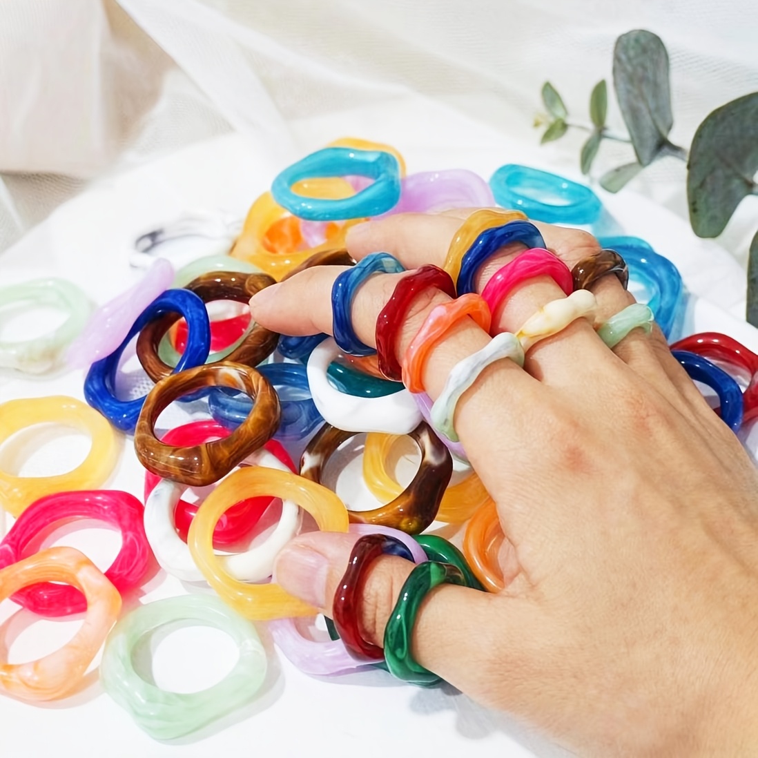 5pcs Colorful Smudged Marble Texture Resin Stackable Rings