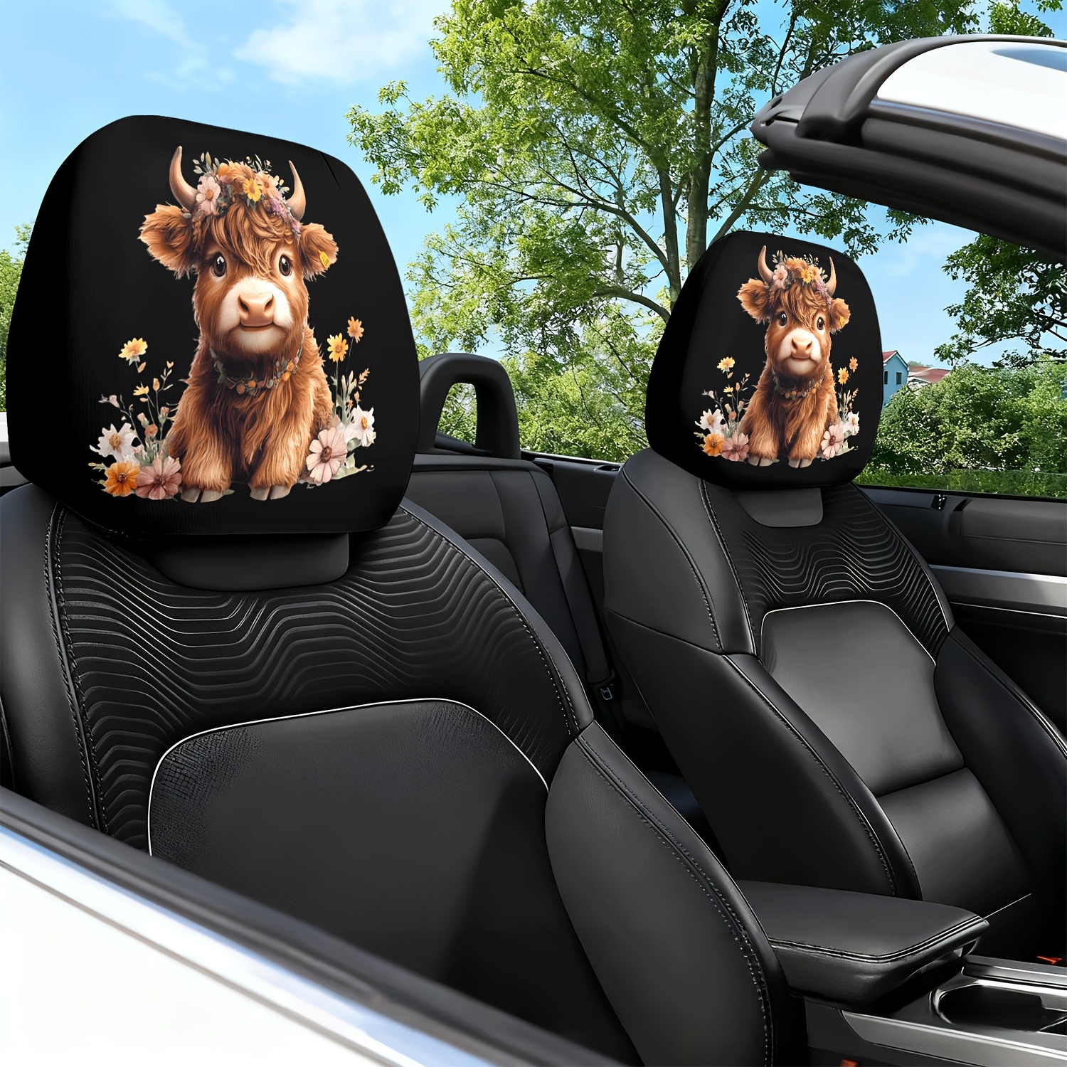 TEMU 2pcs - Little Cow Floral - Themed Car Headrest Covers, Durable, Stylish And Comfortable Vehicle Seat Headrest Protectors, , , Suitable For