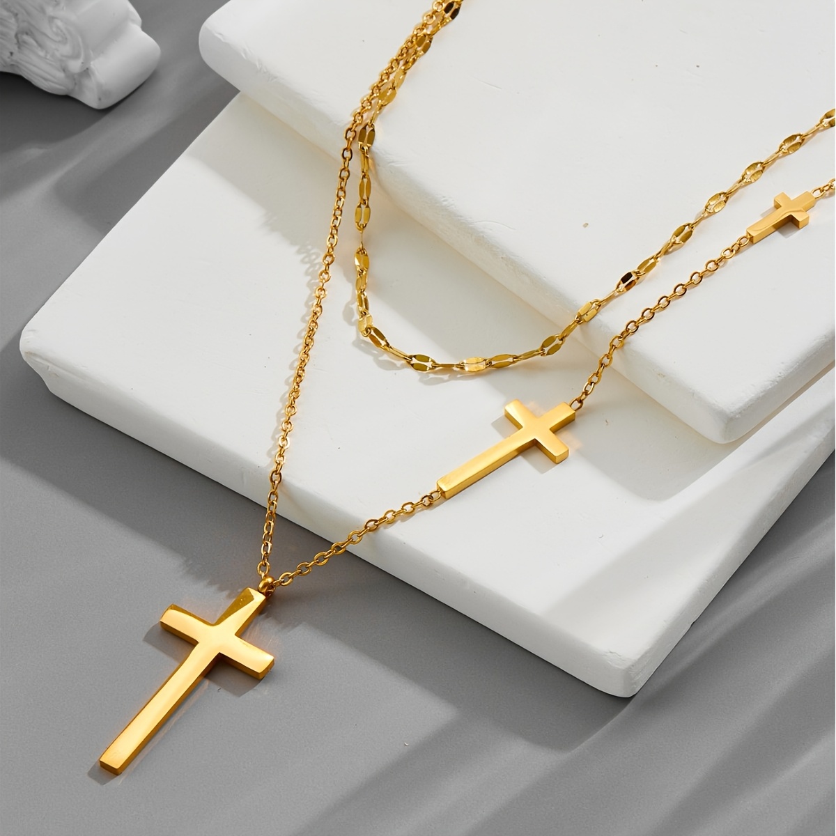 Image of 18k Golden Plated 304 Stainless Steel Double Layer Cross Pendant Necklace - Minimalist Religious Style, Unisex Elegant Jewelry For , Perfect Gift For Birthdays & Valentine's Day