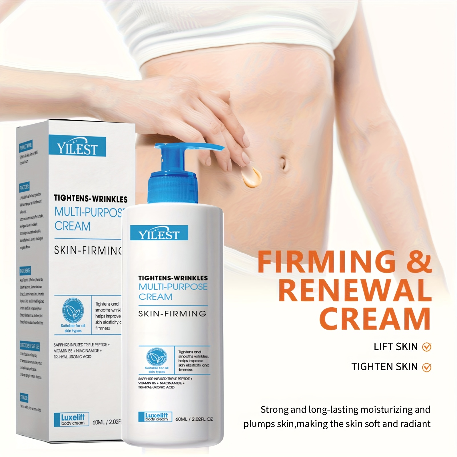 Body Tightening Cream Two-Pack - Suitable for Thighs, Hips, Body & Face Light Beige Care with Hyaluronic Acid & Niacinamide Moisturizer - Skincare Product for All Light Beige Types - Smooths Fine Lines & Improves Loose Light Beige - Quick Absorption Milk Cream Texture - Home Pack