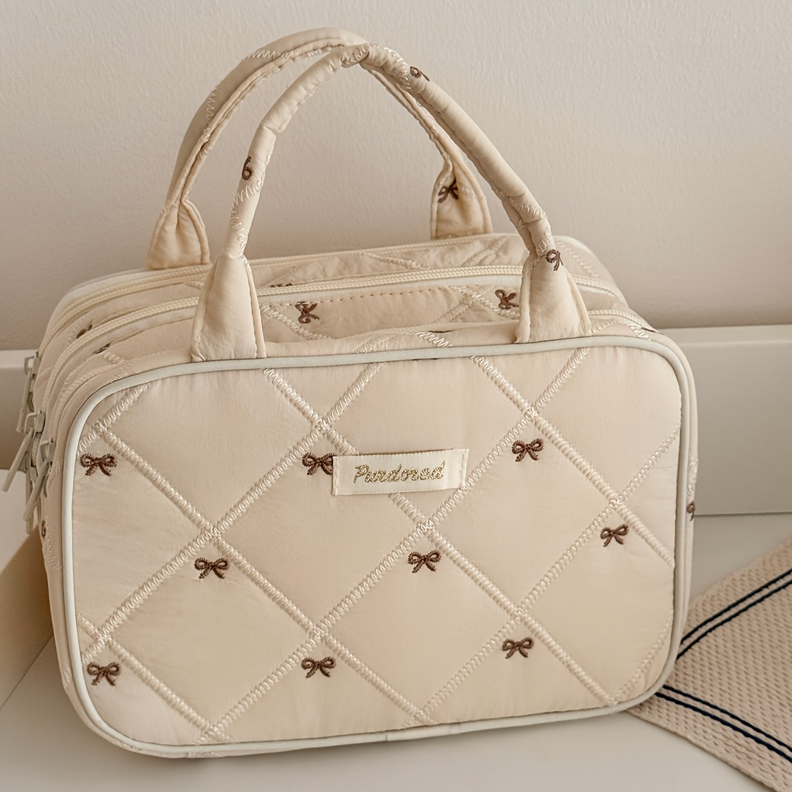 TEMU Soft-style Apricot Lattice Quilted Cosmetic Bag With Bow And Handle. Large Capacity With Multiple Compartments, Ideal For Storing Makeup Brushes