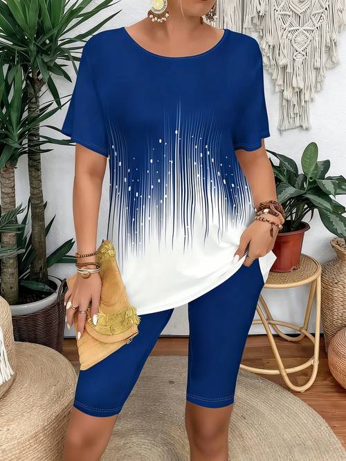 womens fashionable casual breathable short sleeve 2pcs set colorful striped print 5 4 stretch leggings suitable for daily commuting casual wear travel and vacations