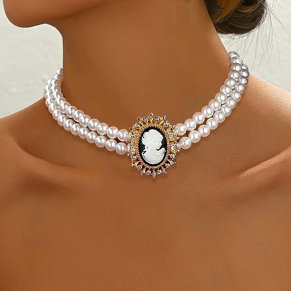 TEMU Luxurious Lxalry Elegant Double-layer Pearl Necklace With Geometric Oval Pendant, Sparkling Rhinestone Accents - Ideal For Weddings & Special