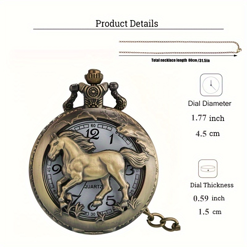 vintage hollow horse cute animal pocket watch ancient copper color necklace gift pocket watch details 3