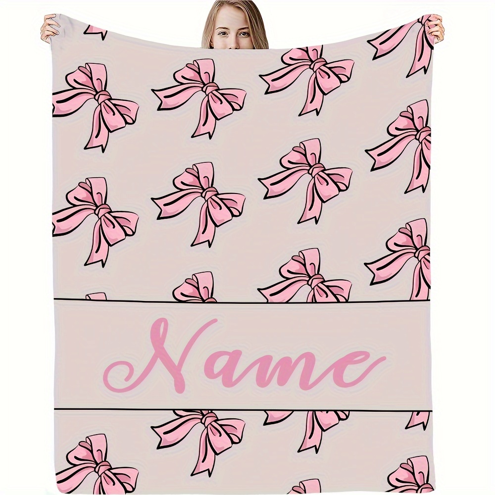 

Personalized Name Blanket With Bow Pattern - Soft And Warm For Bed, Sofa, Office, Car, Tent, Or Travel - All - Contemporary Style - Knit Cover - Polyester