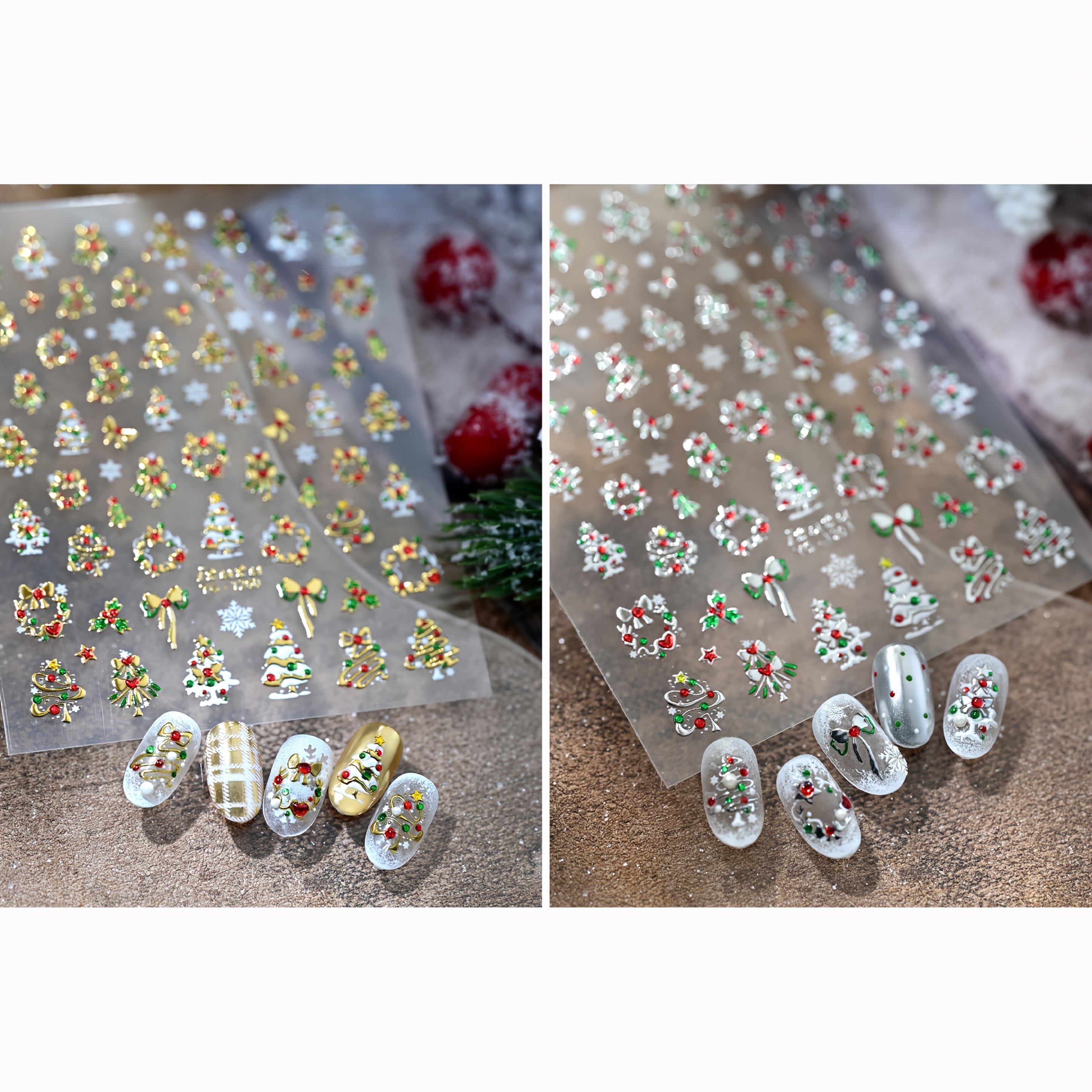 Image of 2pcs Of Christmas Tree Colored Lights Nail Stickers, Fall Nails, 3d Embossed Shiny Golden Snowflakes And Bows, Nail Stickers, Christmas Nail Decorations, Essential For The Holiday, Gift For