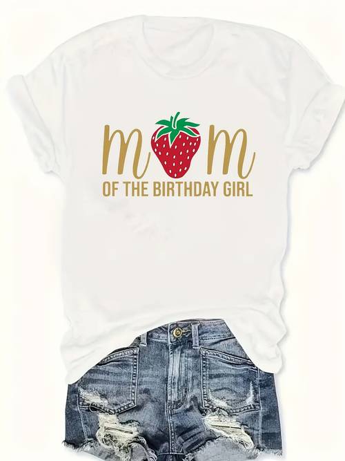 item picture plus size casual crew neck t shirt with cartoon strawberry 100 polyester knit fabric stretch mom of the birthday graphic tee