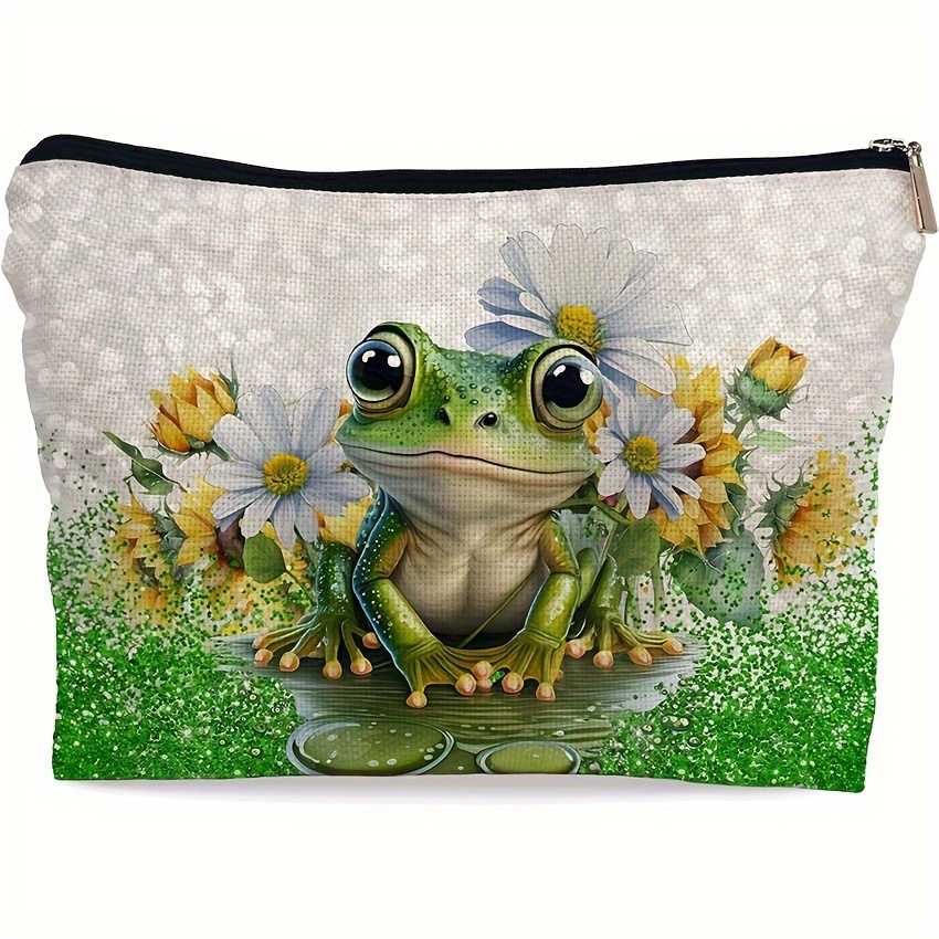 

Waterproof Frog Cosmetic Bag With Daisy Accents - Unisex Polyester Makeup Pouch, Unscented, Ideal For Animal Lovers