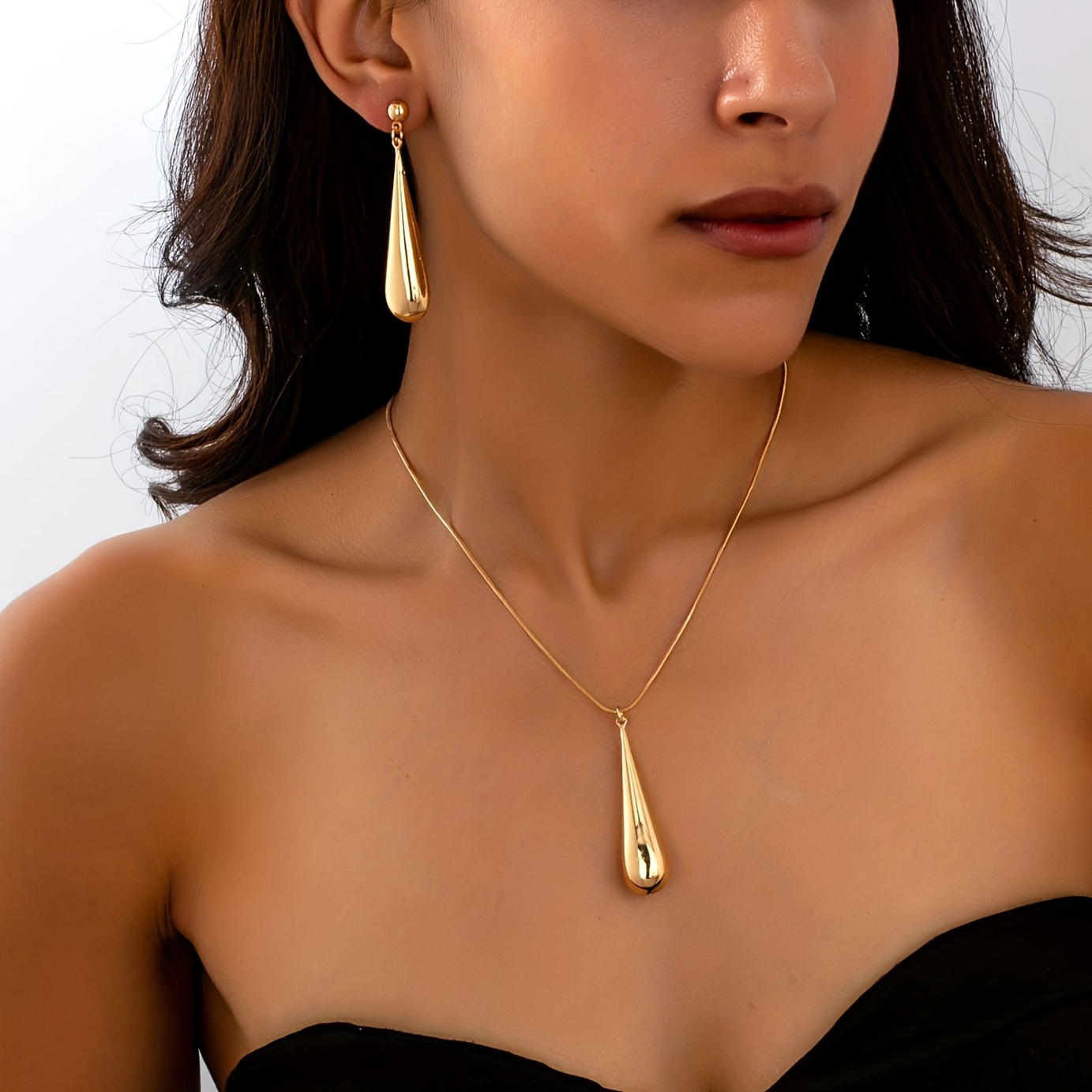 3pc Easy Metallic Style Long Teardrop Pendant Jewelry Set