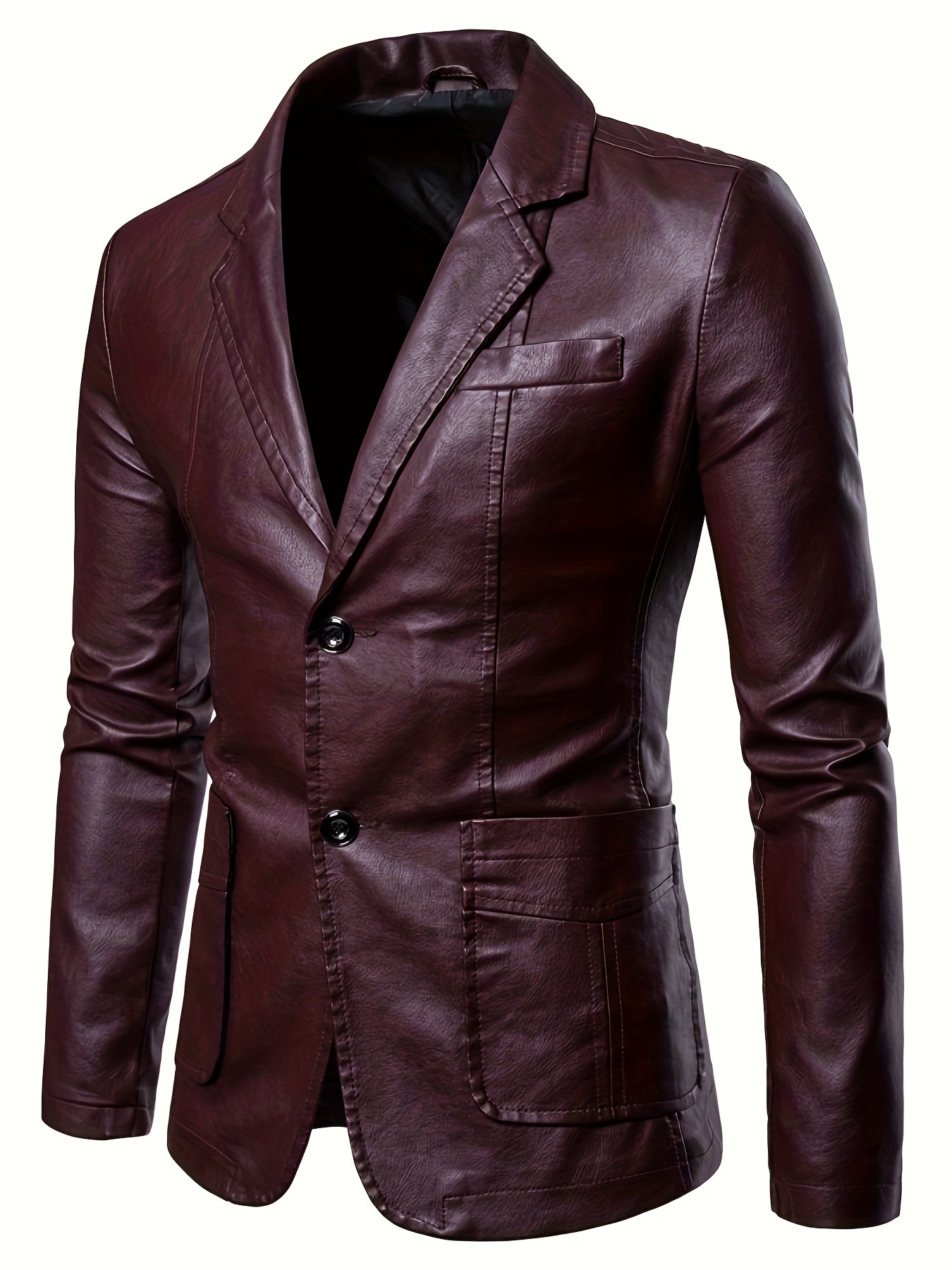 Men's Slim-Fit Jacket with Lapel, PU Leather Coat, Warm Suit, Solid Color, Windproof Outerwear
