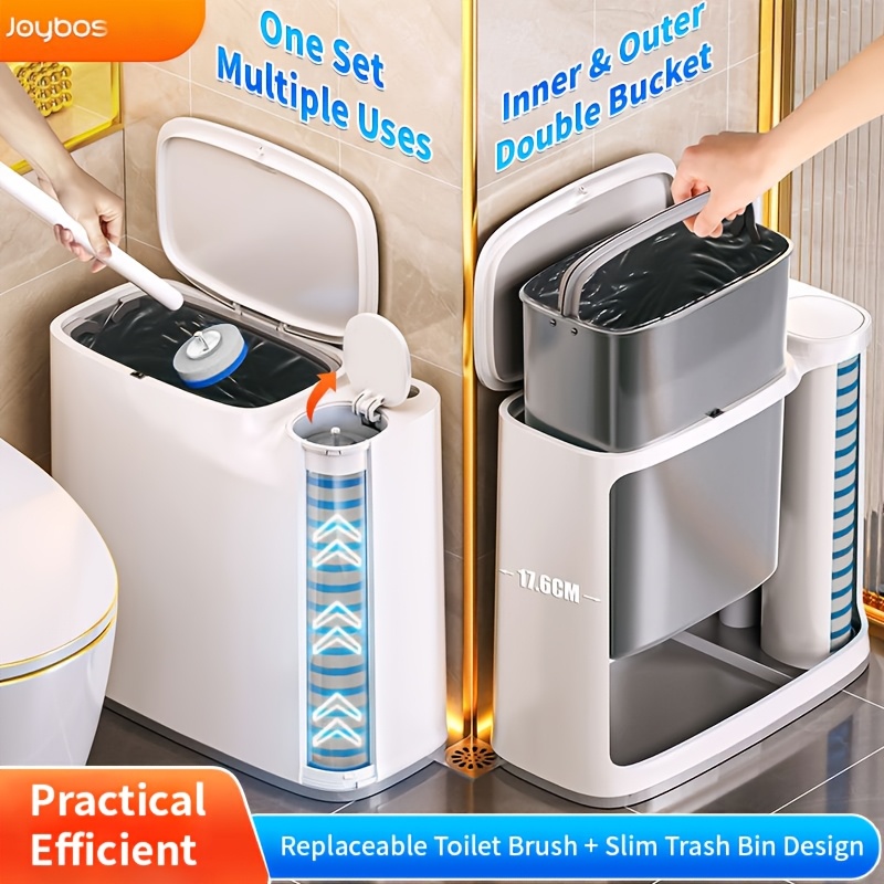 TEMU Poubelle de Salle de Bain d'Angle Ultra-Mince avec Brosse Intégrée - Poubelle de Toilette Compacte Encombrante, Plastique Durable Adapté aux