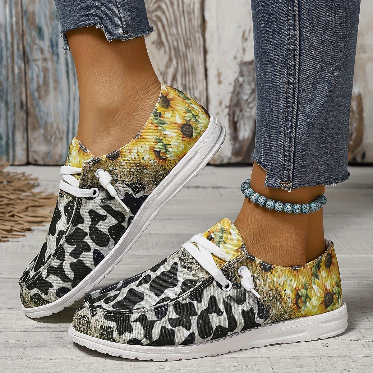 chic womens canvas sneakers sunflower leopard print Temu South