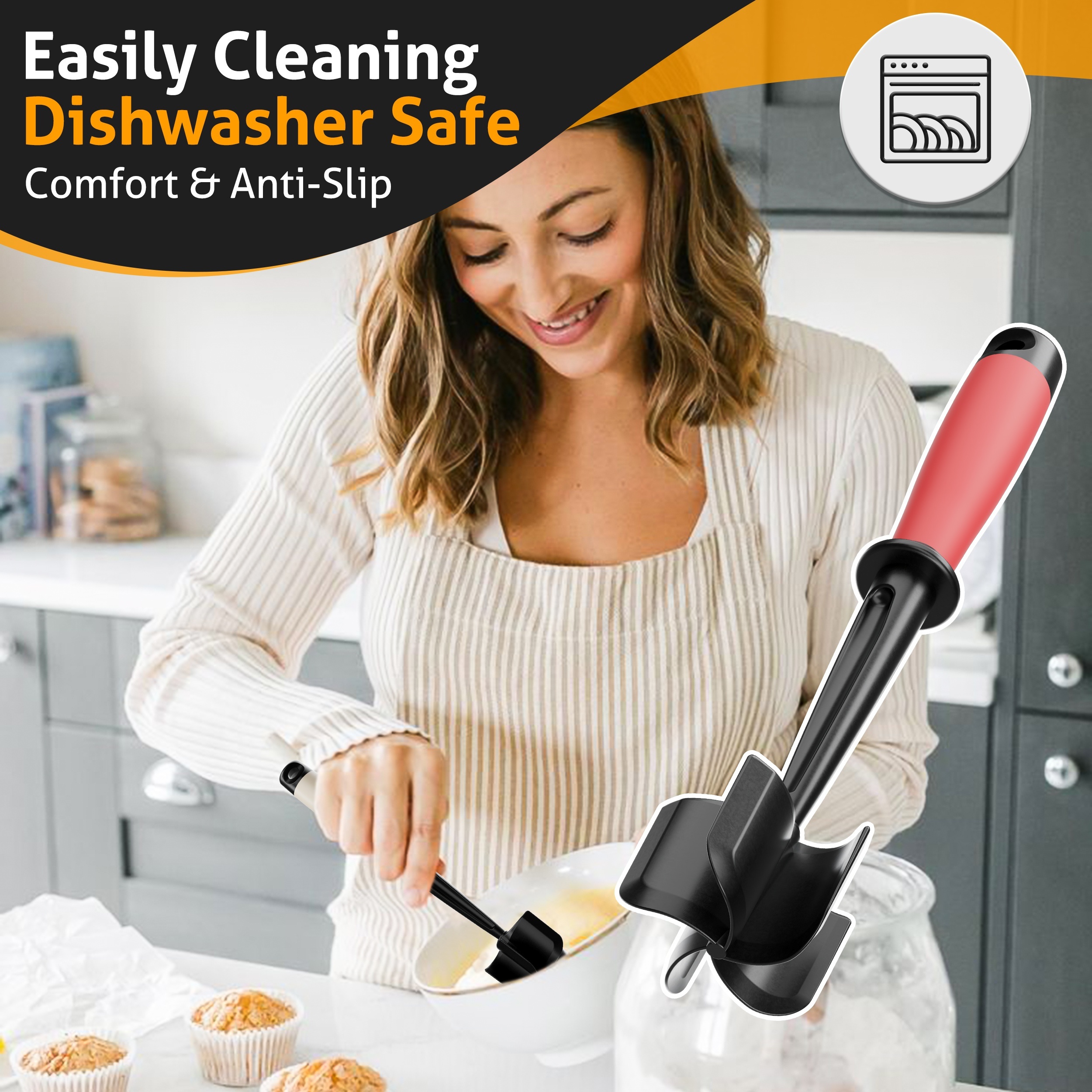ABERZEY Heavy-Duty Meat Chopper & Masher with Non-Stick Surface - Manual Heavy Duty Ground Beef Smasher, 5 Curved Blades, Heat-Resistant, Non-Slip Grip - for Hamburgers, Meat Patties, Hash Browns - Easy Clean Kitchen Tool, Food Preparation, Ergonomic Handle, Sturdy Build, Home Cooks