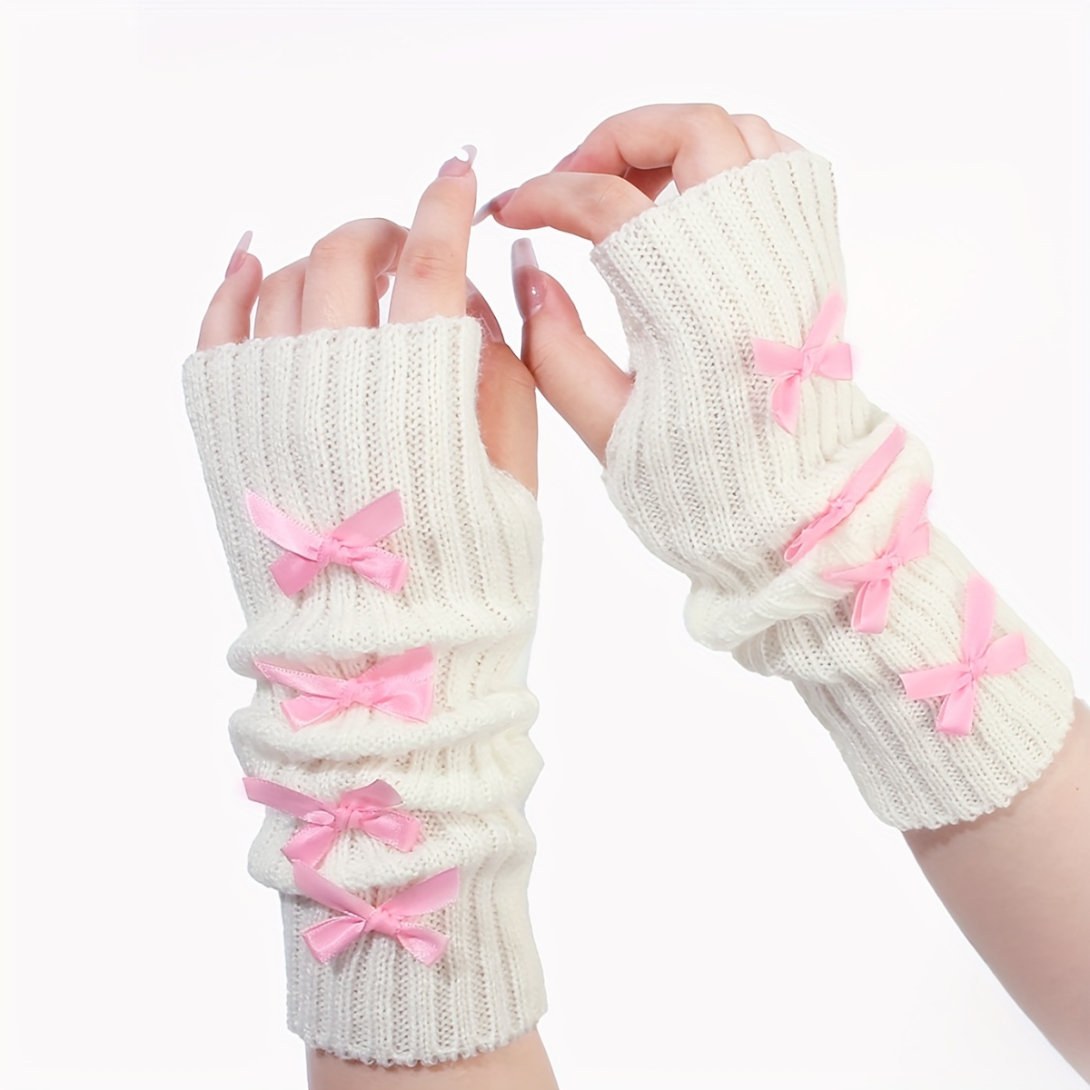 

Elegant Acrylic Knit Arm Warmers With Bow Accents - 1 Pair Of Women's Striped Winter Sleeves With Touch Screen Capability, Elastic Fit For Casual Weekend Wear, Decorative And Warm