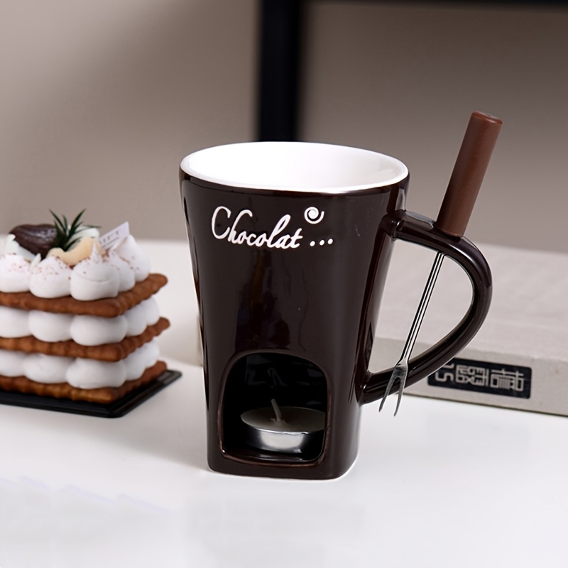 1 Set Ceramic Household Kitchen Dining Chocolate Melting Furnace Cheese Heating Cup Chocolate With Fork, Chocolate Pot, Suitable For Outdoor, Weddings, Parties, Gifting, Birthdays