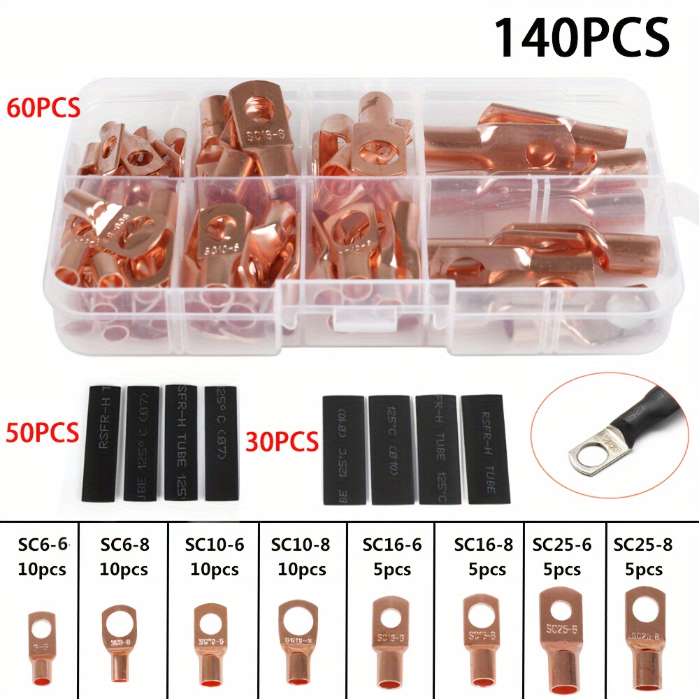 

140pcs/set 60pcs Copper Wire Lug Connector Ring Kit Sc6-sc25 Crimp Terminals With 80pcs Heat Shrink Tubing Set