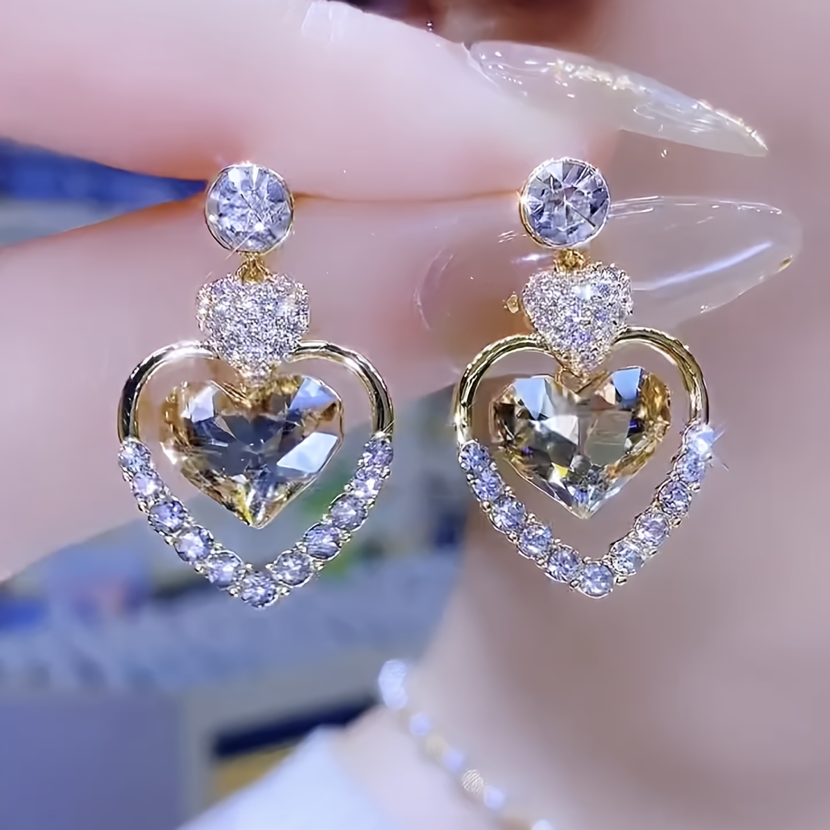 TEMU Boucles d'oreilles pendentives cœur creux de luxe français , bijoux de mode élégants pour femmes, cadeau de fête
