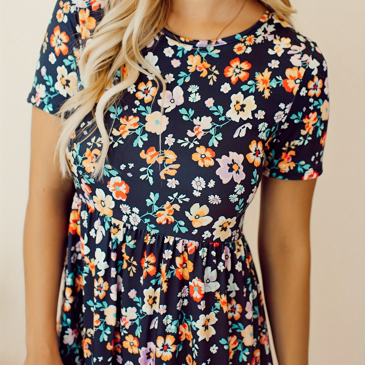 

Floral Print Waist A-line Dress, Casual Short Sleeve Crew Neck Dress, Women's Clothing