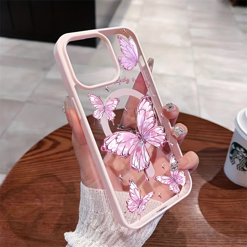Trda ovitek za telefon: Rožnati metulj, podpira brezžično polnjenje, proti padcem, magnetni ovitek, prijazen do kože, združljiv z iPhone 17 Pro