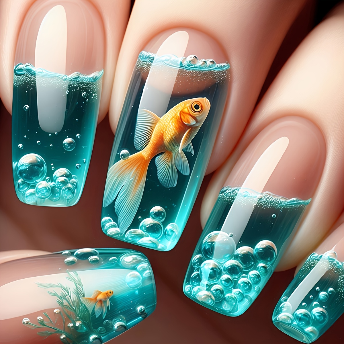 Mid-length Blue 24pcs Goldfish Fashion Wearable Nails Nail Stickers Convenient For Daily Wear Parties Vacations Beach Nail Stickers Press-on False Nails