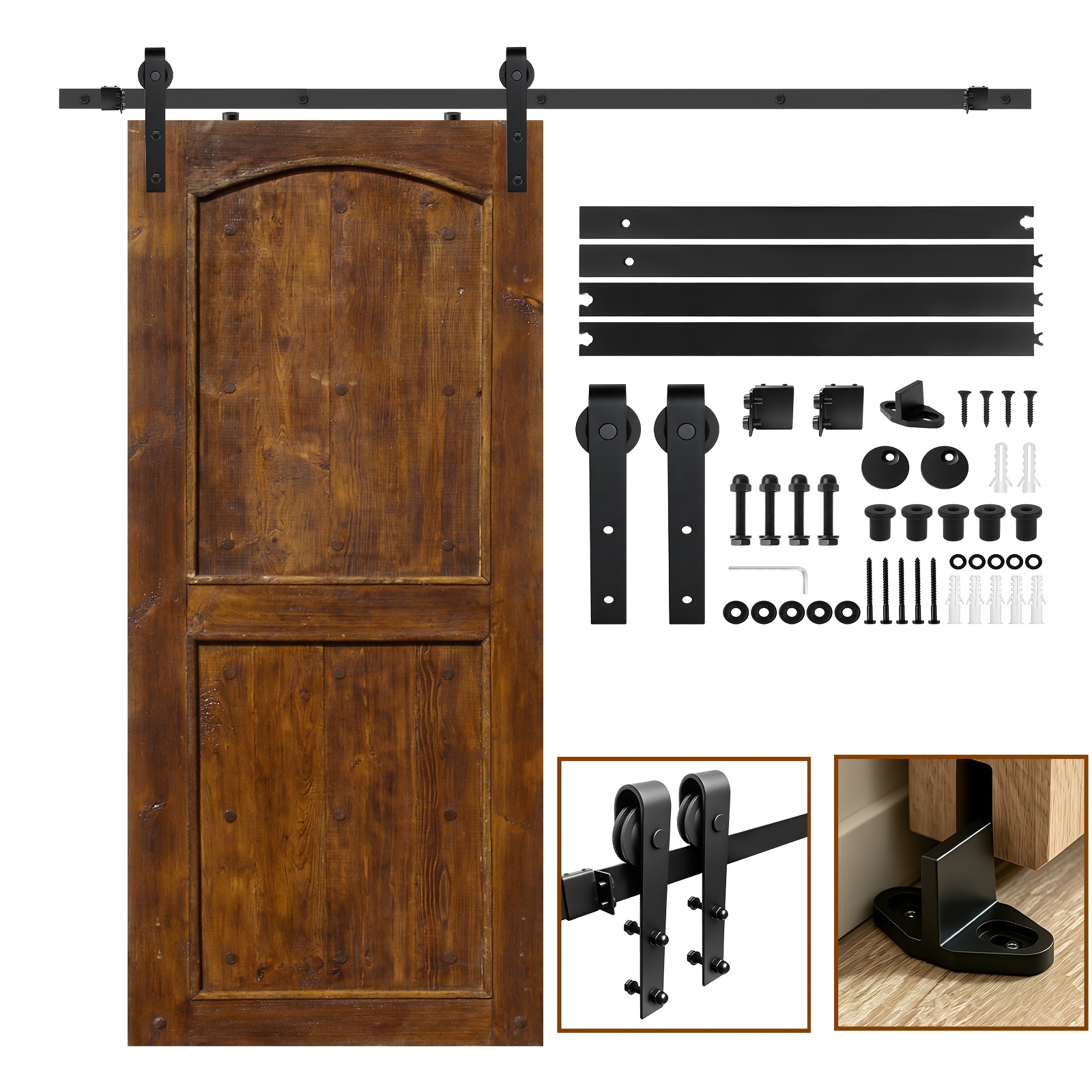 TEMU Heavy-duty Carbon Steel Sliding Barn Door Hardware Kit - 6.6ft/200cm Manual With Black Metal Rollers & Mounting Brackets, Manual Operation For