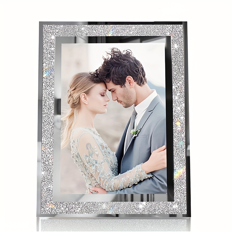 TEMU 1pc 3.5×5in Crystal Glass Silvery Powder Picture Frame, Glass Picture Frame Silvery Crystal Wedding Picture Frame, Or Horizontally On