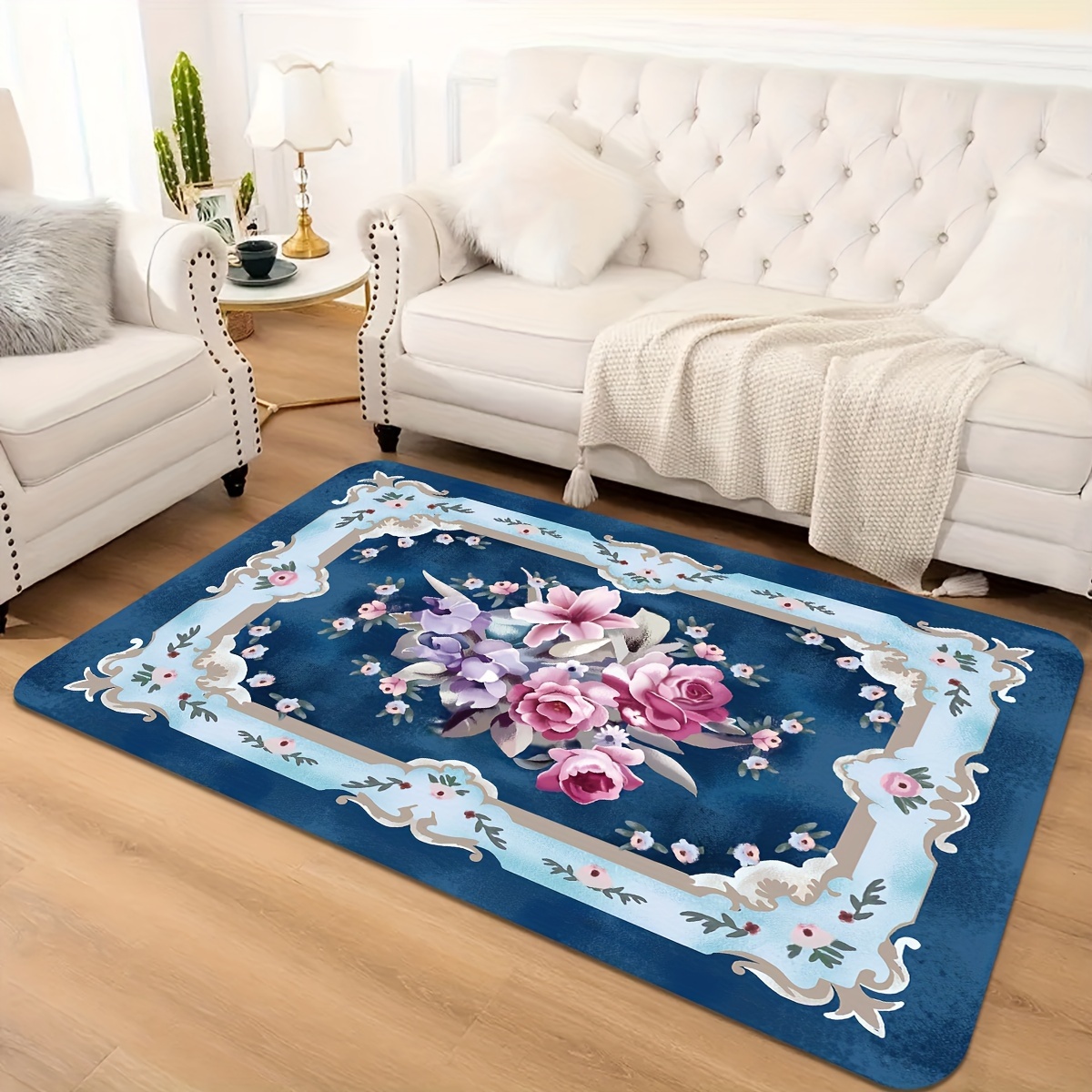 

Bohemian Style Blue Floral Rug - Soft And Comfortable Polyester Fiber, Waterproof And Non-slip, Suitable For Living Room, Bedroom, Kitchen, And Entryway