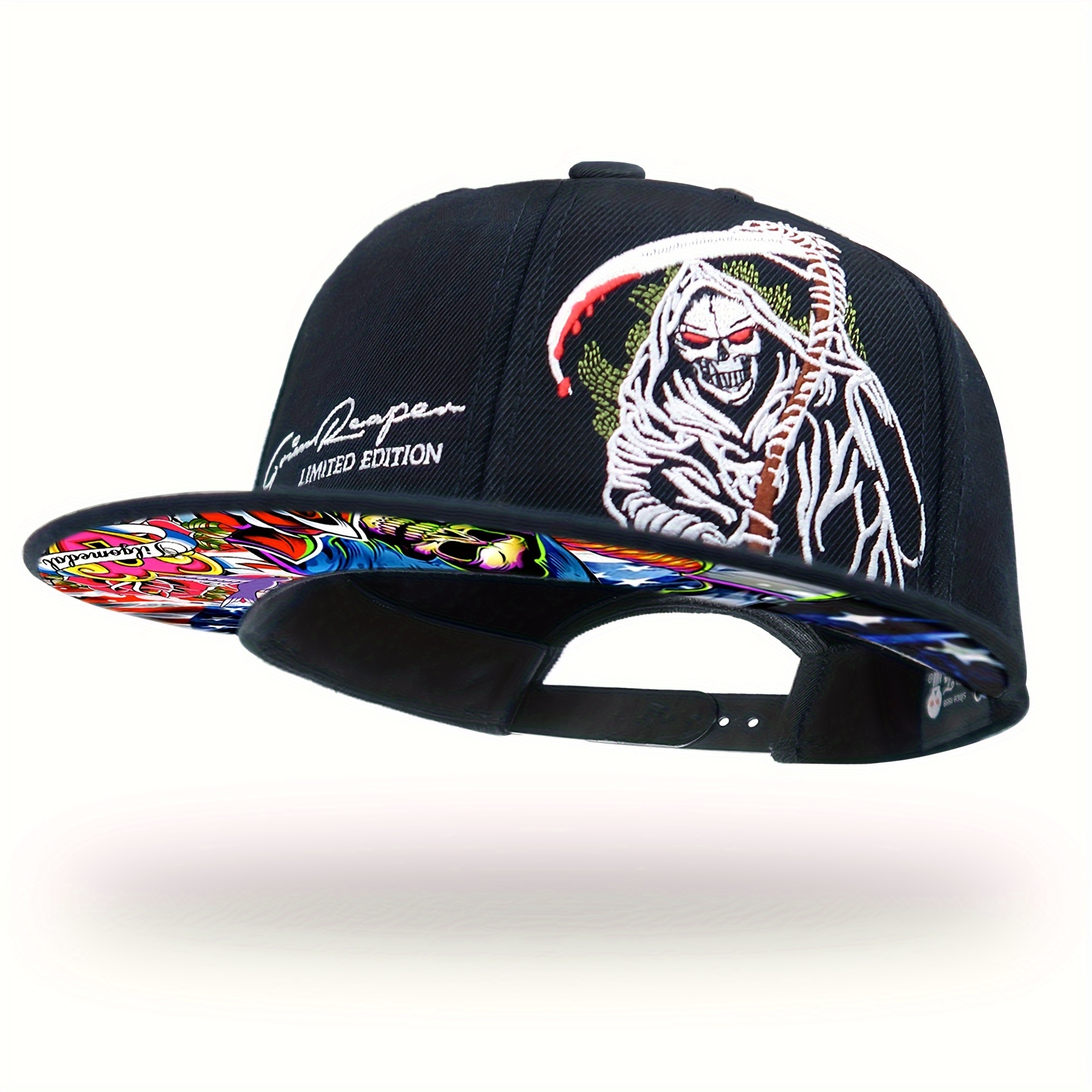 Image of 1pc Tilgomedal Wool Brand Or Navy Snapback Hats For Reaper Skull Embroidery And Fashion Skull Print Under Brim, Adjustable Baseball Caps Women Hat For Holiday Gifts