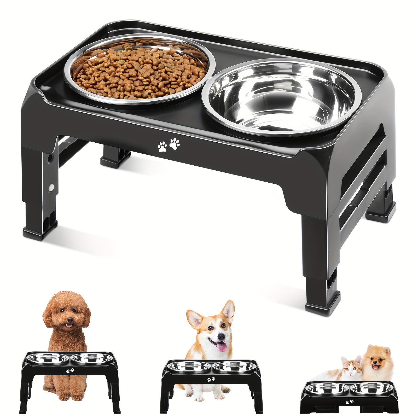 

Elevated Stainless Steel Dog Double Bowls With Stand, 3 Heights Adjustable Raised Dog Bowl Stand Non-slip Dog Feeder For Small And Medium Dogs