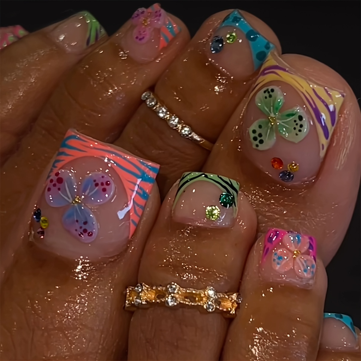 TEMU Celebrity-style Wearable Nail Tips, 24pcs Square Toe Nail Set, Colorful Striped Floral Textured Gel With Rhinestones, Summer Style, Beautiful