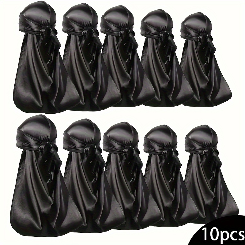 

10-pack Men's Satin Durags – Street Style Silky Smooth Headwraps With Extra Long Tails, Comfortable Breathable Polyester, Solid Color Hand Washable With Knitted Craftsmanship