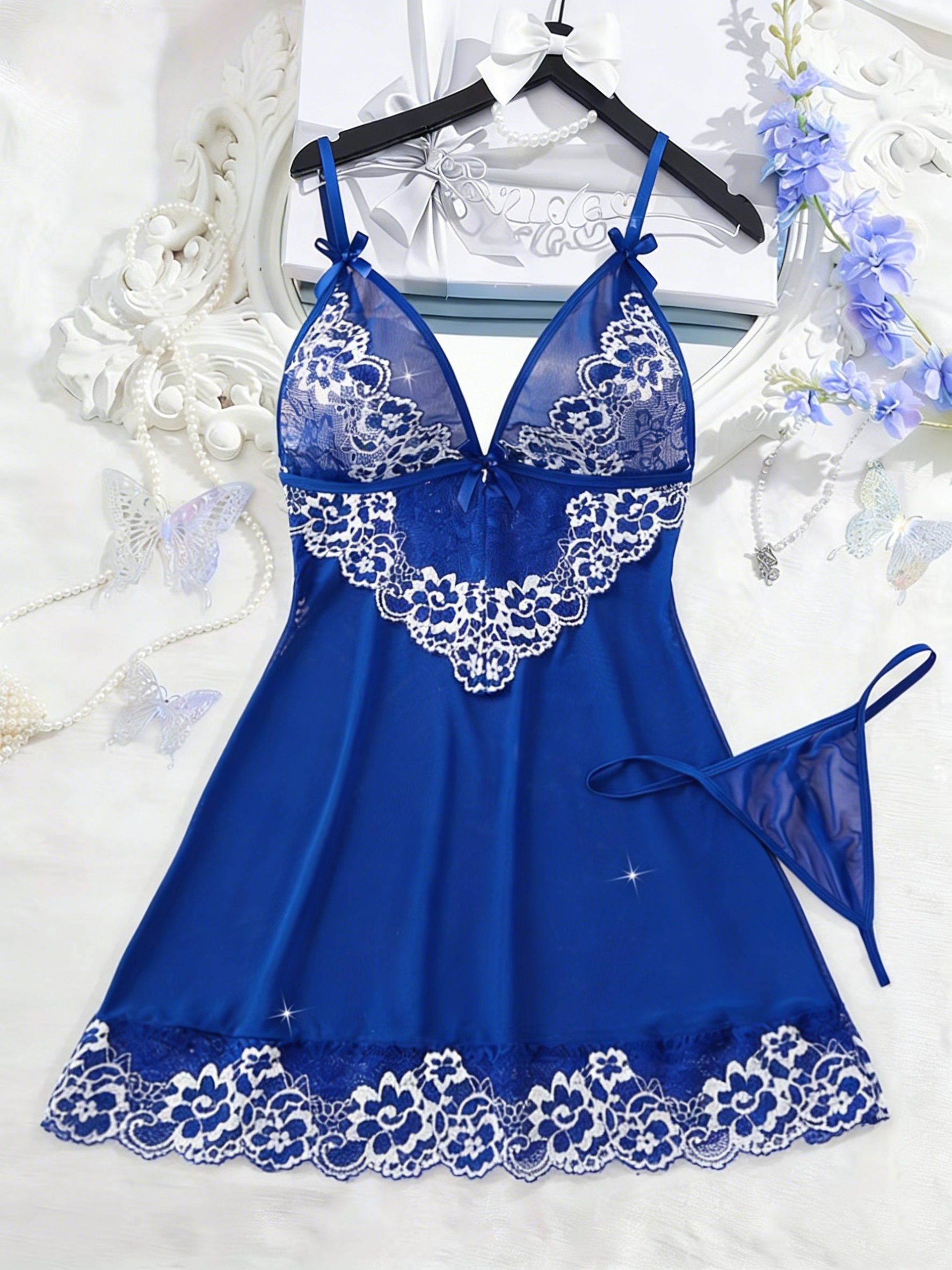 Alternative view of 2pcs Pijama Elegante de Encaje Semi-Transparente para Mujer - Vestido Sin Espalda con Lazo, Conjunto de Pijama…