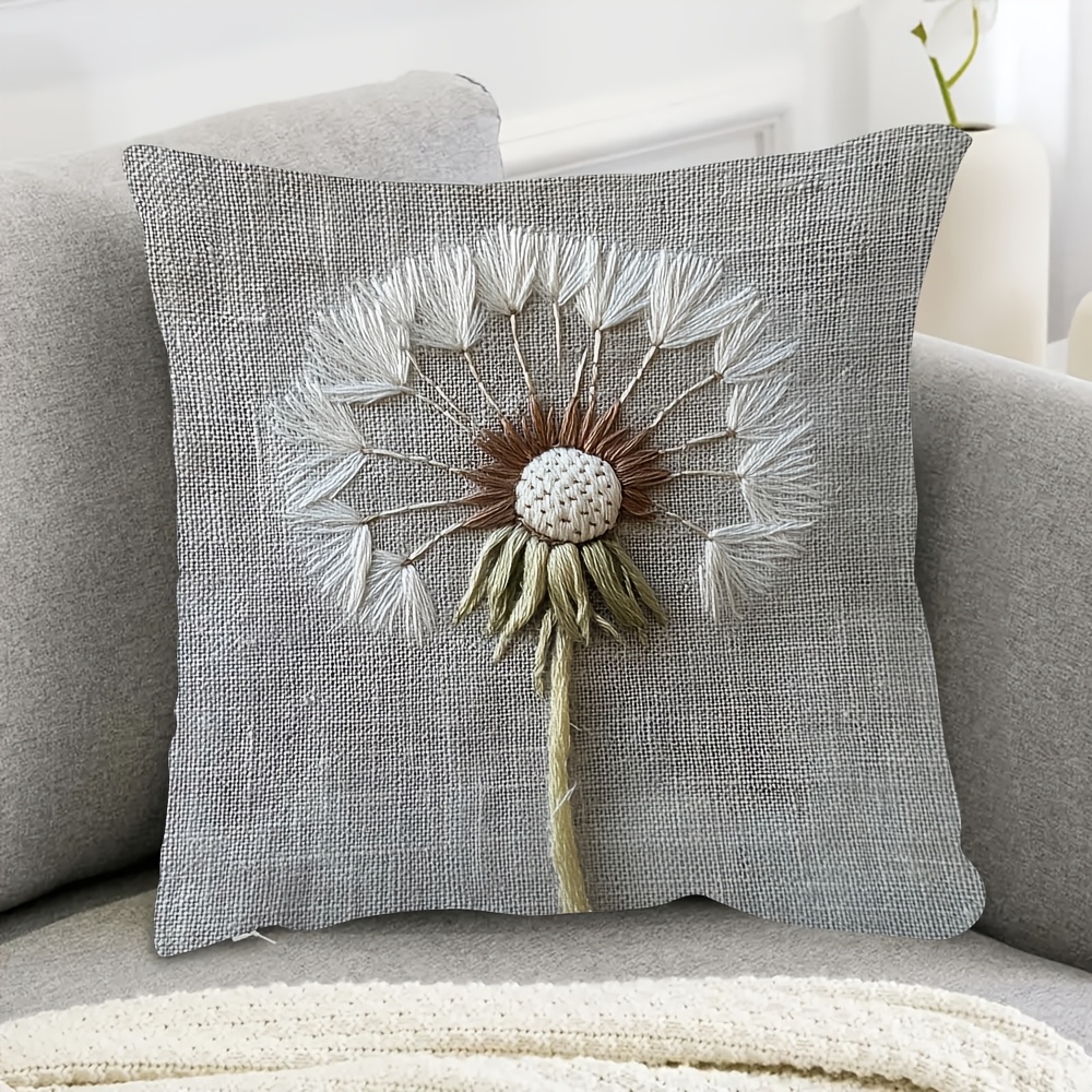 

1pc Vintage Dandelion Embroidered Pillow Cover, 18x18 Inch, Double-sided, Short Plush, Pastel Gray, Hand Wash Only, Polyester, Woven, For Sofa, Bedroom, Party Decor - Dcbj0360