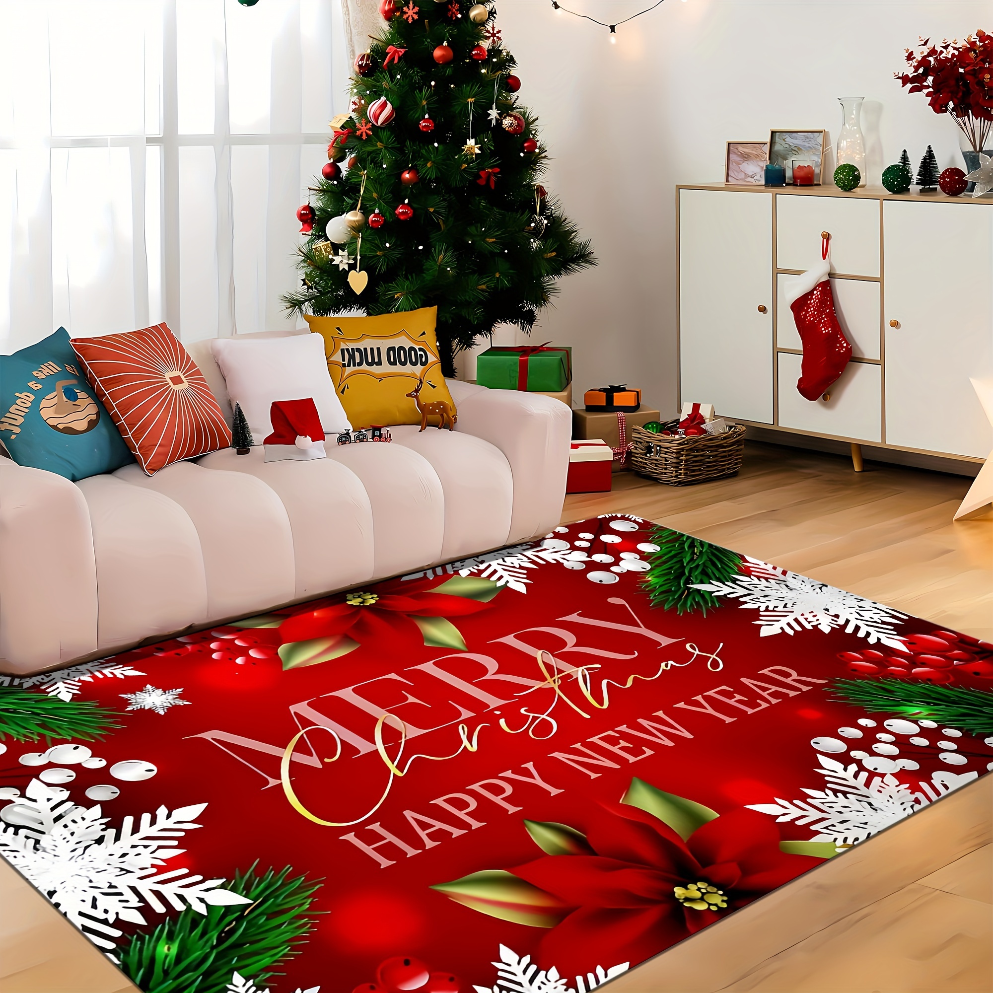 

Christmas-themed Non-slip Area Rug - Machine Washable, Stain & Dust Resistant For Living Room, Bedroom, Kitchen, And Outdoor - Holiday Decor With Memory Foam Backing, Best For Christmas