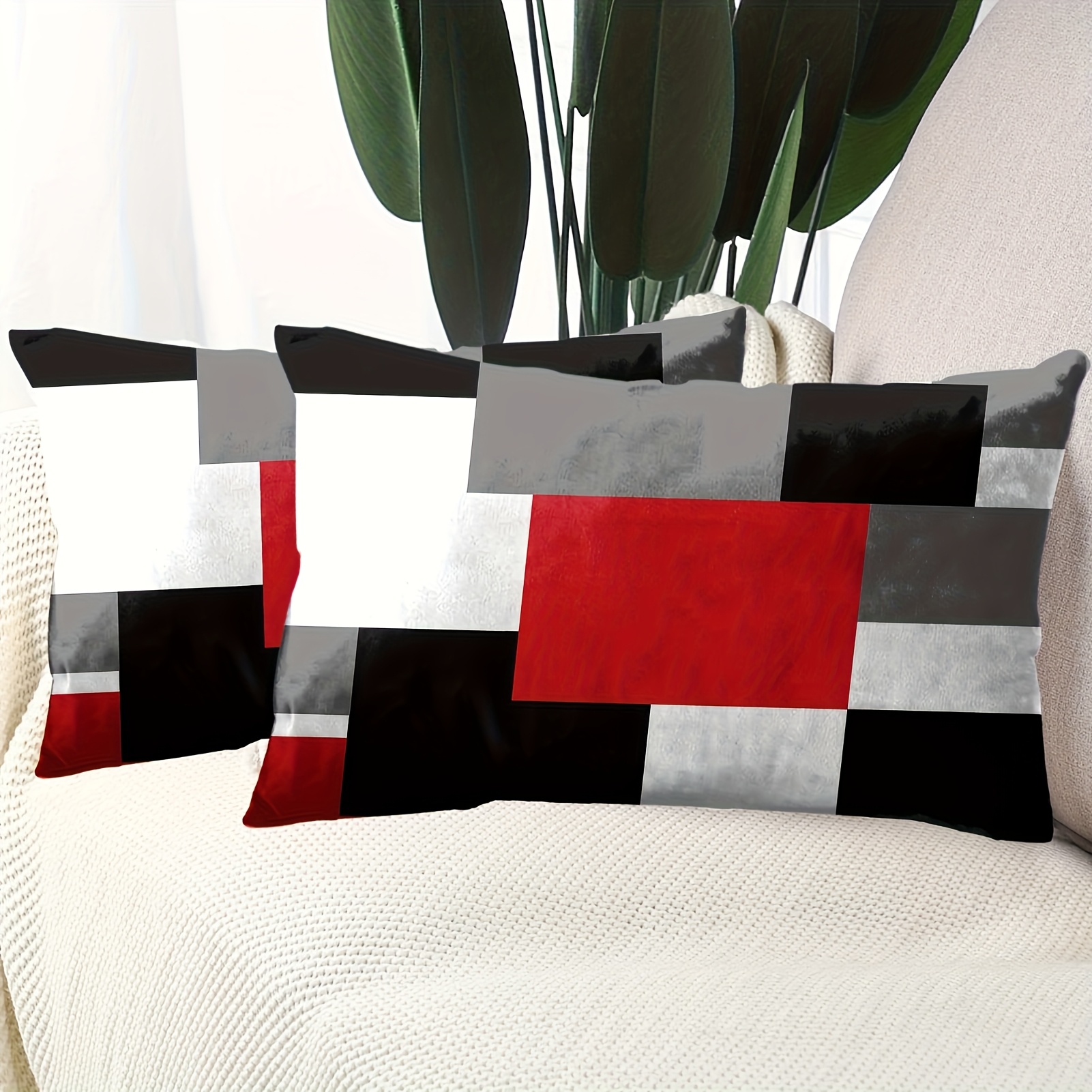 TEMU 2pcs 2d Flat Printed Throw Pillow Covers, Black, Gray, White, And Red Color Scheme, Suitable For Sofa, Living Room, And Outdoor Use, Decorative