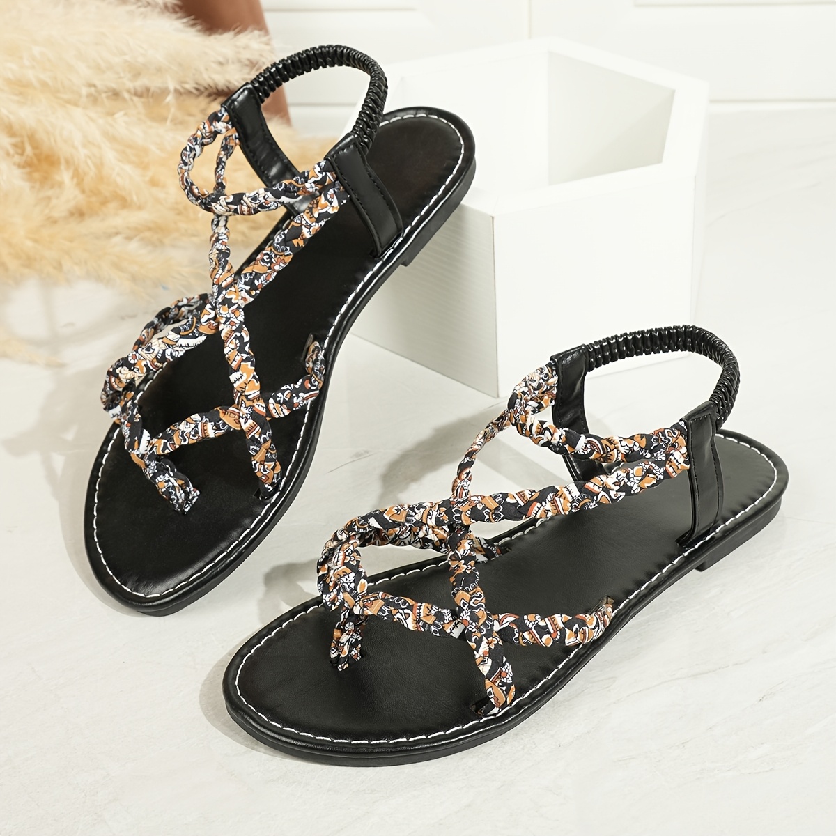 womens bohemian flat sandals colorful braided straps open toe rubber sole synthetic insole   beach and   footwear bohemian style rubber sole sandals Product details 25