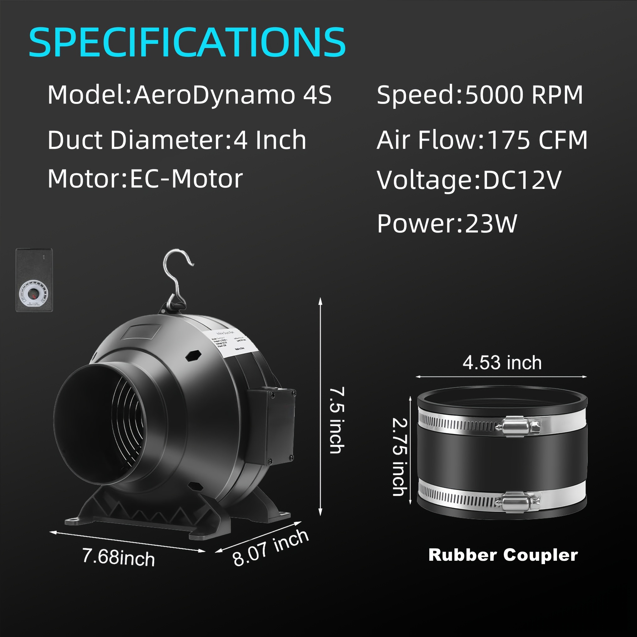 TEMU ALPHAGROW Ventilateur d'Extraction en Ligne 4 Pouces 175 CFM, Souffleur Silencieux pour Tente de Intérieure et Hydroponie, Noir