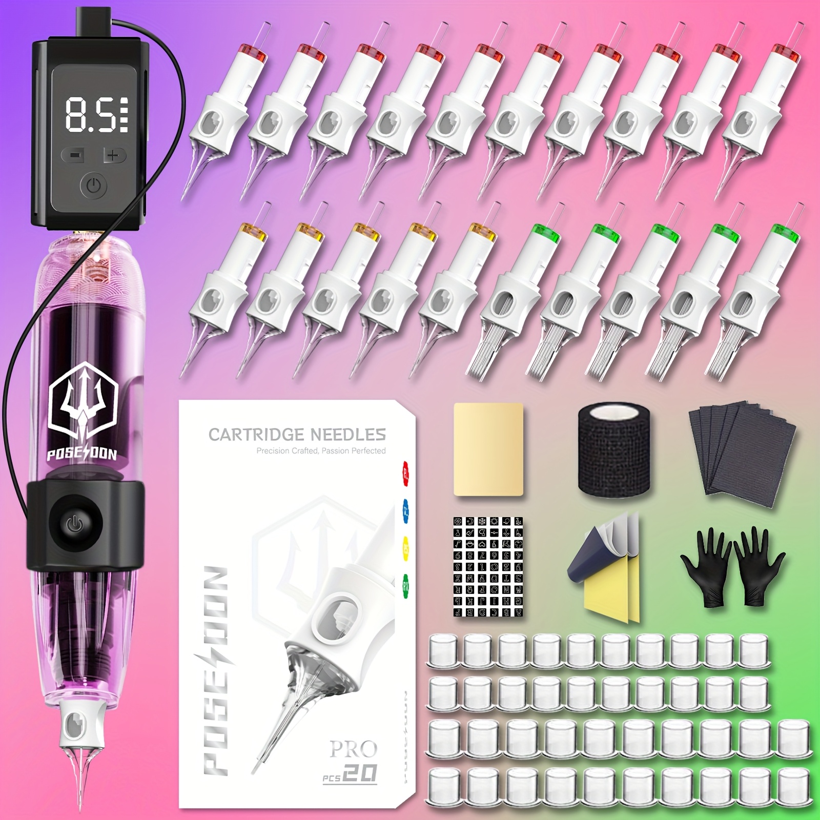 Poseidon Wireless Tattoo Pen Kit With 20 Needles & - Usb- Tattoo Machine, Digital Display, Compatible With Rca Needles/ink Cartridges - Complete Tattoo Starter Kit For Beginners & Professional Artists