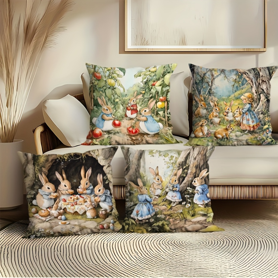 

4pcs Spring Easter Bunny & Fairy Covers Set - Country Style, Machine Washable Polyester, Zipper Closure - Ideal For Living Room & Bedroom Decor