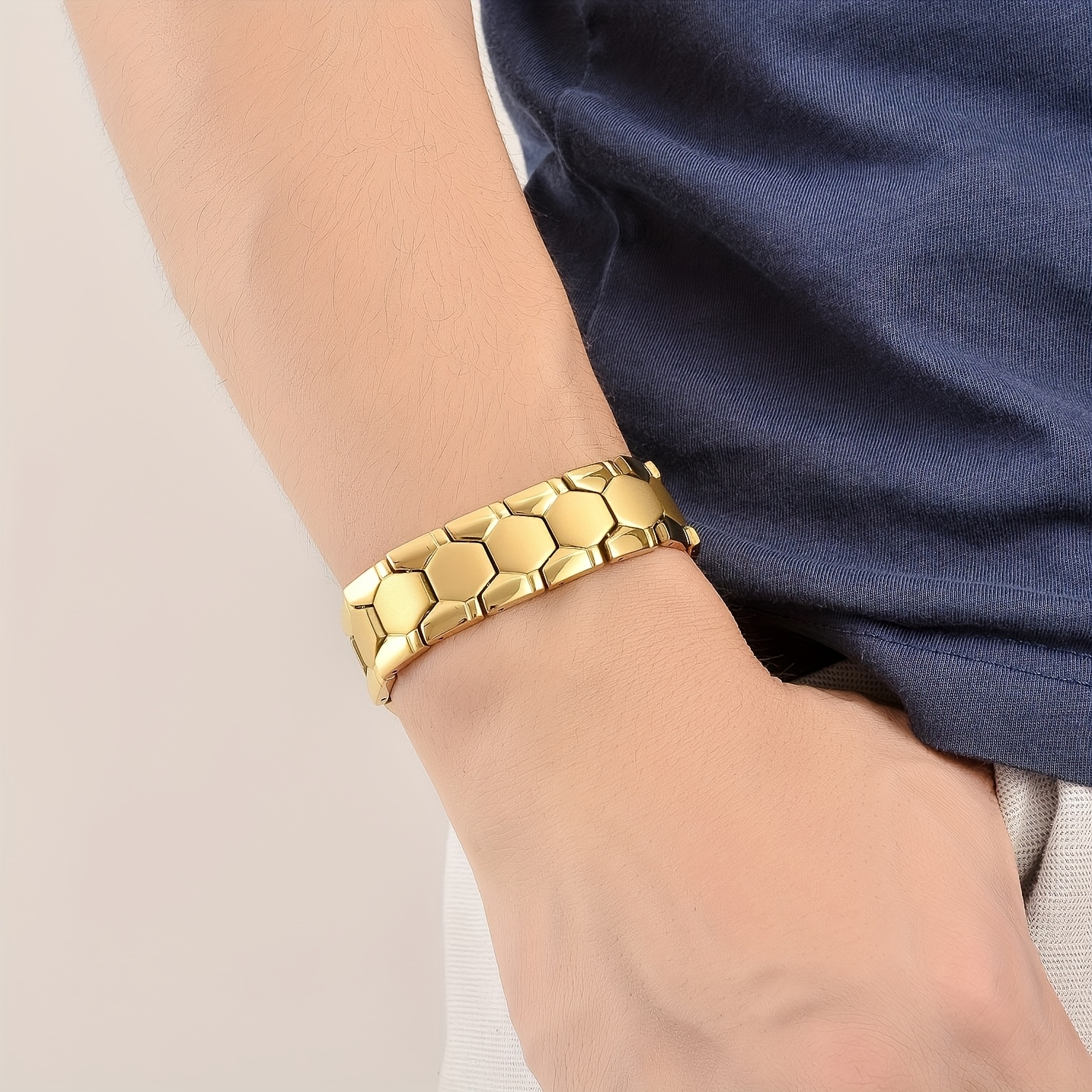 3pc Men's Magnetic Titanium Bracelets, Retro Hexagonal Design