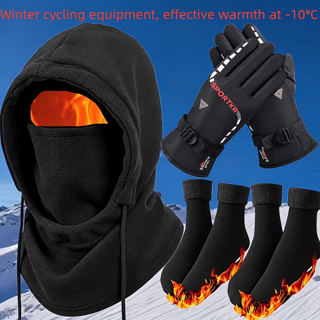 Image of 3/4pcs Autumn Winter Cold-proof Warm Set, -one Windproof Balaclava Hat, Thickened Fleece Gloves, Fleece Snow Socks
