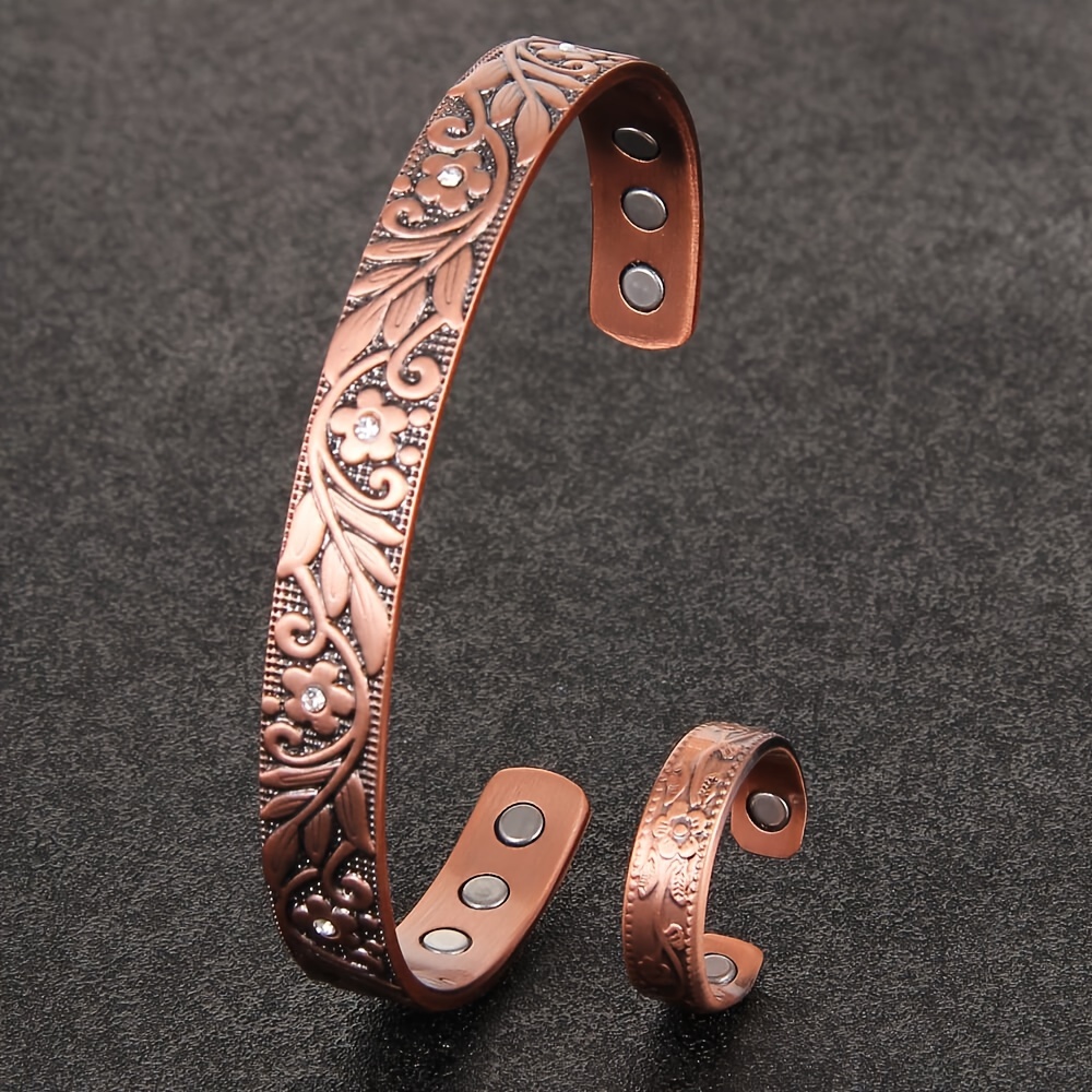 

Copper Bracelets For Women, Vintage Flower Copper Magnetic Bracelets With 6pcs Magnets, Adjustable Copper Ring Cuff Jewelry Gift For Mom Wife