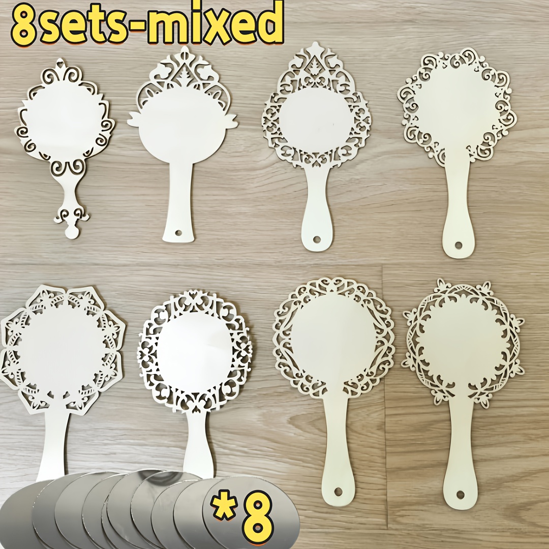 E-shop 8 Sets unbehandelte hohle Acrylspiegel aus Holz, geeignet für Raumdekoration, Feiertagspartys Geburtstagsfeiern. DIY hohle Spitzenspiegel aus