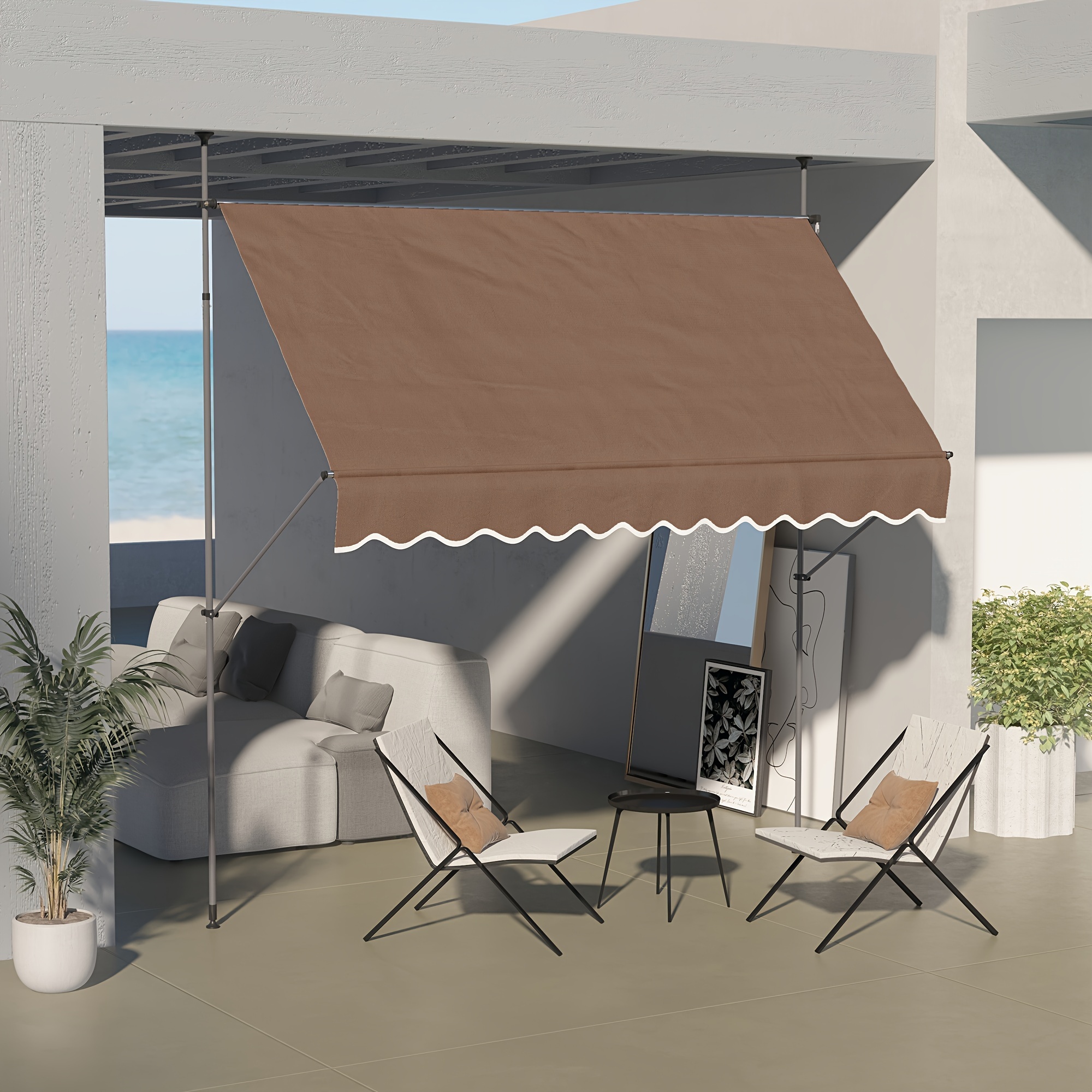 

Outsunny Manual Retractable Awning, 118" Non-screw Patio Sun Shade Shelter With Support Pole Stand And Uv Resistant Fabric, For Window, Door, Porch, Deck, Coffee