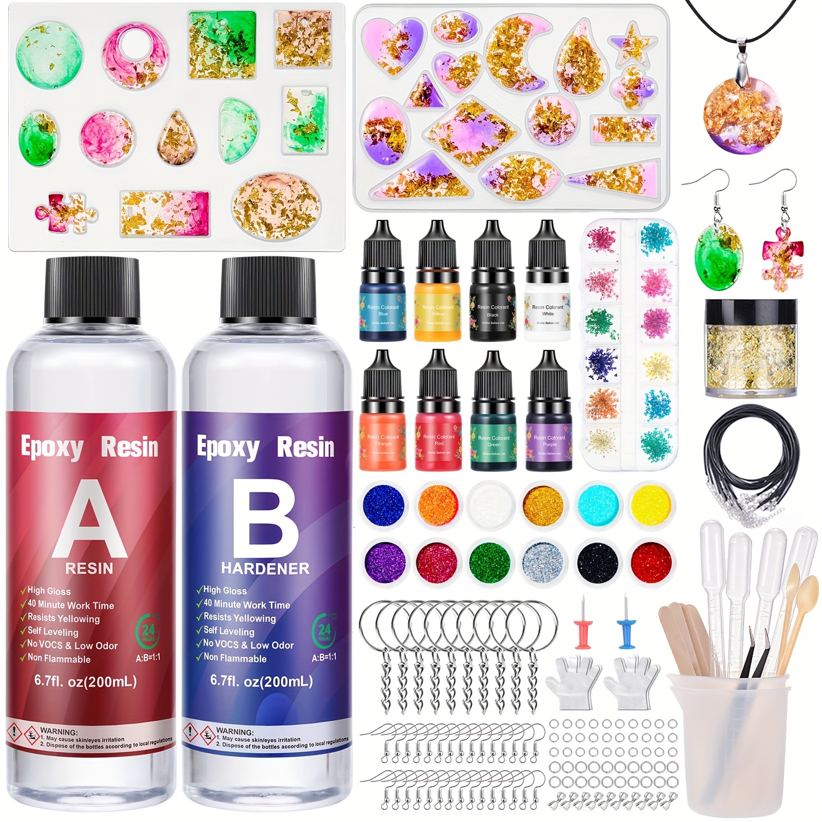 

Clear Epoxy Resin 2 Parts 400 Ml Complete Epoxy Resin Kit With Epoxy Resin Mould, Epoxy Resin Dye, Glitter, Gold Leaf, 1:1 Ratio For Jewellery Making, Necklace, Key Ring